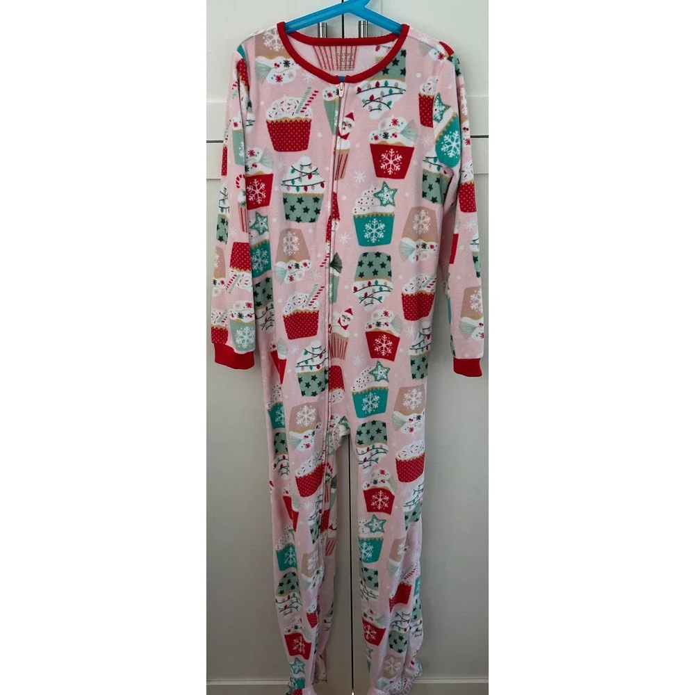 Carters Christmas hot chocolate Footed Pajamas One Piece Zip Up Pink Red 12/12A - Picture 1 of 2